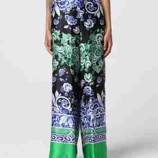 Pantalone con spacchi chiusi in raso di seta con elastico in vita – stampa ceramica
