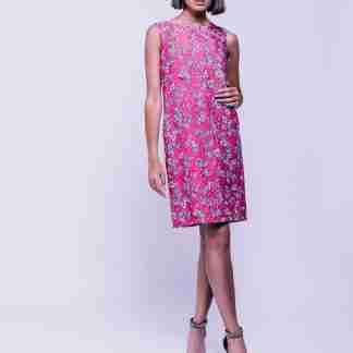 Abito corto senza maniche in jacquard di seta – stampa fiori