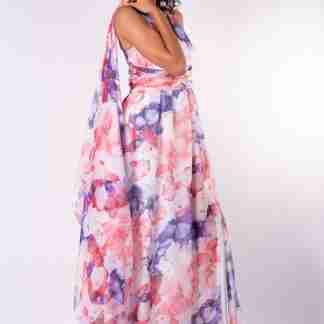 Abito lungo impero in chiffon di seta con spacco e stola – stampa floreale