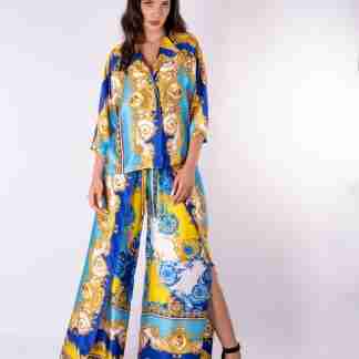 Pantapareo in raso di seta con spacco – stampa foulard barocco oro