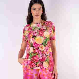 T-shirt in crepe de chine di seta – stampa animalier con fiori